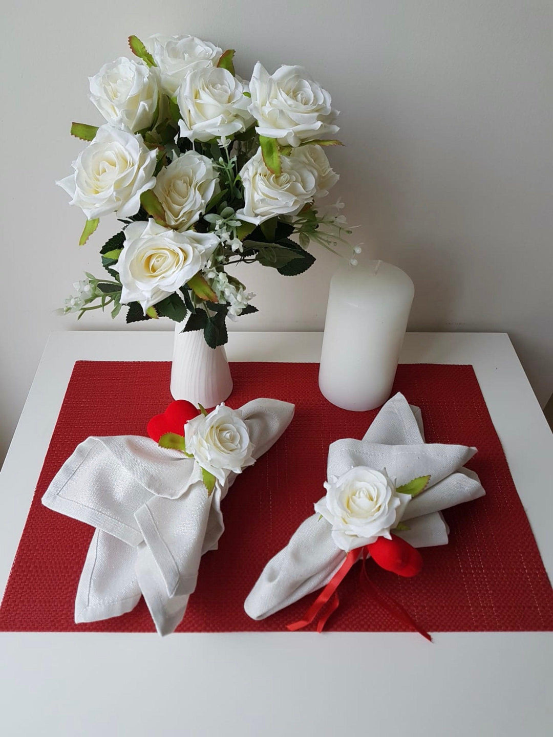 Love Napkin Ring|White Rose Red Heart Napkin Ring|Table Centerpiece|Floral Napkin Holder|Valentine&#39;s DayGift for Him|I love You Table Top