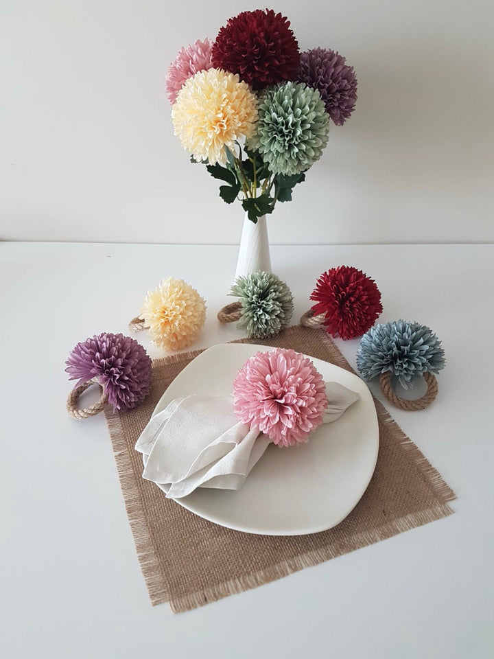 Floral Napkin Rings|Chrysanthemum Napkin Holder|Emerald Table Decor For Him|Wedding Tablescape|Colorful Table Centerpiece|Rustic Table Top