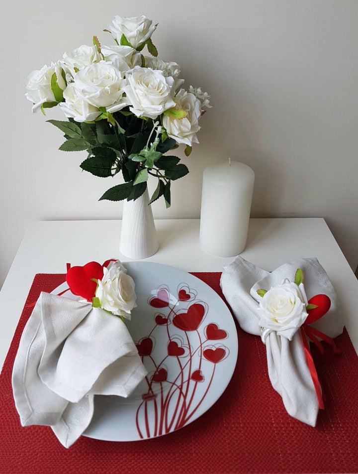 Love Napkin Ring|White Rose Red Heart Napkin Ring|Table Centerpiece|Floral Napkin Holder|Valentine&#39;s DayGift for Him|I love You Table Top