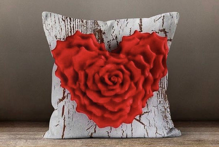 Love Throw Pillow Cover|Red Rose Heart Cushion Case|Romantic Red White Home Decor|Valentine Heart Print Pillow Cover|Her Engagement Present