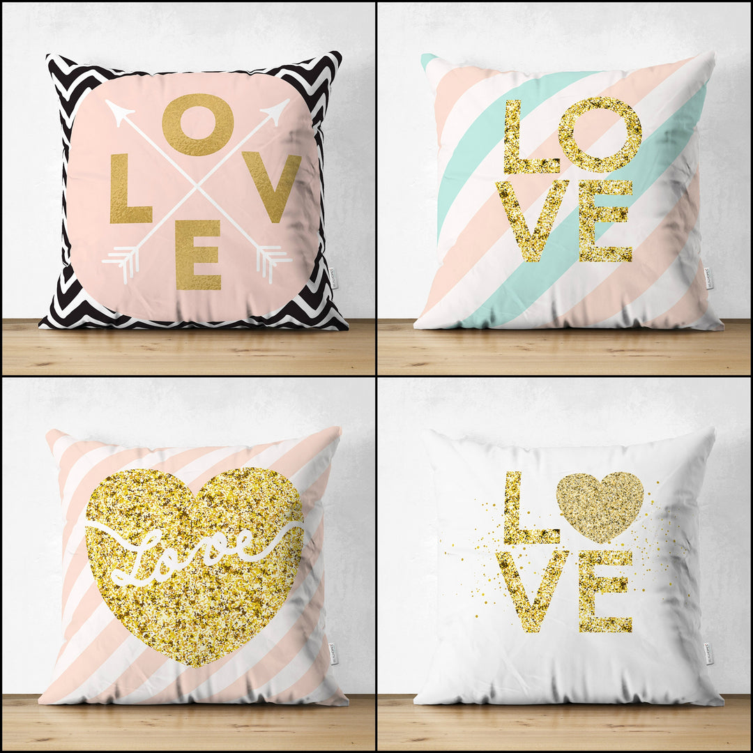 Love Throw Pillow Cover|Powder Pink and Gold Valentine's Day Cushion|Romantic Love Arrow Home Decor|Anniversary Gift Pillow for Her or Him