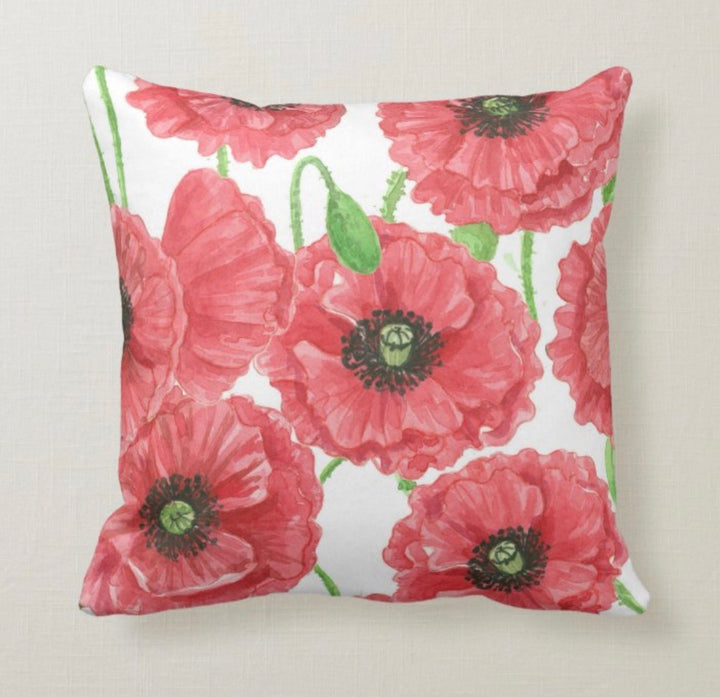 Red Poppy Pillow Cover|Red Floral Cushion Case|Decorative Summer Poppy Throw Pillow Top|Boho Bedding Home Decor|Farmhouse Style Cushion Case