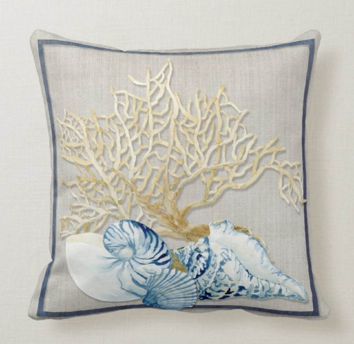 Beach House Pillow Covers|Coastal Pillow Case|Navy Marine Pillow|Decorative Nautical Cushions|Coral Throw Pillow|Blue Seashell Home Decor