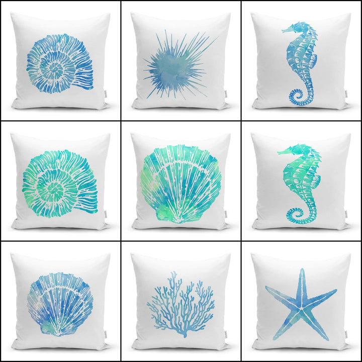 Beach House Pillow Covers|Coastal Pillow Case|Navy Marine Pillow|Decorative Nautical Cushion|Coral Seashell Seahorse Sea Urchin Throw Pillow