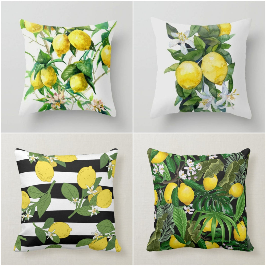 Lemons Pillow Cover|Floral Fresh Lemon Cushion Case|Decorative Green Lemon Tree|Striped Lemons Home Decor|Housewarming Yellow Citrus Decor