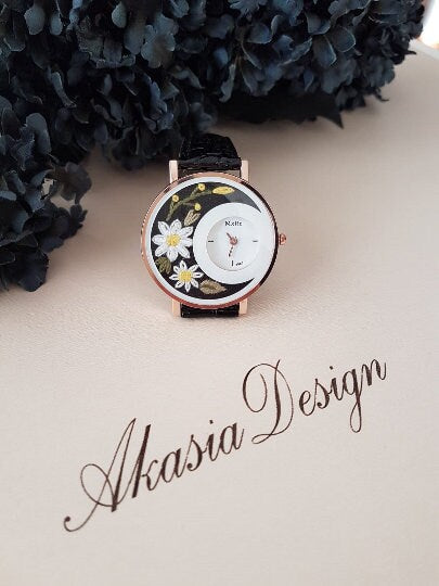 Embroidered Black Wrist Watch|Personalized Daisy Vintage Women Watch|Unique Floral Watch Gift for Mother|Hand Stitched Daisy Embroidery