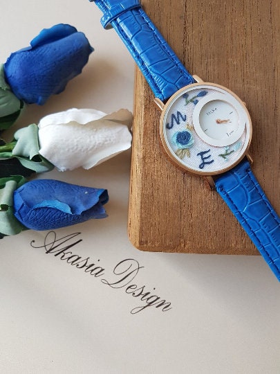 Personalized Wrist Watch|Floral Embroidery Blue Watch|Vintage Watch|Unique Gift Watch for Women|Hand Stitched Gift for Mom|Baby Shower Gift