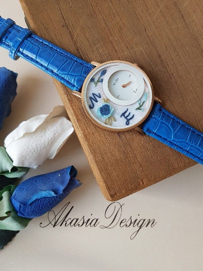 Personalized Wrist Watch|Floral Embroidery Blue Watch|Vintage Watch|Unique Gift Watch for Women|Hand Stitched Gift for Mom|Baby Shower Gift