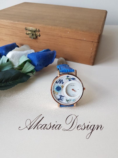 Personalized Wrist Watch|Floral Embroidery Blue Watch|Vintage Watch|Unique Gift Watch for Women|Hand Stitched Gift for Mom|Baby Shower Gift