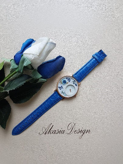 Personalized Wrist Watch|Floral Embroidery Blue Watch|Vintage Watch|Unique Gift Watch for Women|Hand Stitched Gift for Mom|Baby Shower Gift