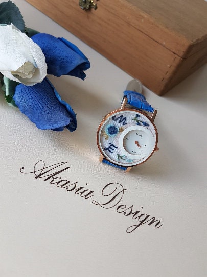 Personalized Wrist Watch|Floral Embroidery Blue Watch|Vintage Watch|Unique Gift Watch for Women|Hand Stitched Gift for Mom|Baby Shower Gift