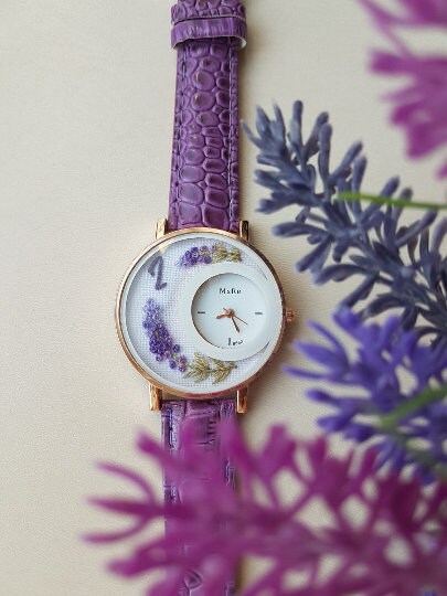 Embroidered Lavender Watch|Purple Floral Wrist Watch for Women|Personalized Unique Gift for Her|Mother's Day Gift|Hand Stitched Embroidery