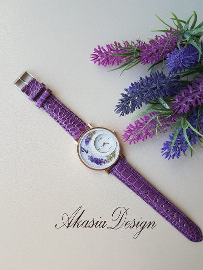 Embroidered Lavender Watch|Purple Floral Wrist Watch for Women|Personalized Unique Gift for Her|Mother's Day Gift|Hand Stitched Embroidery