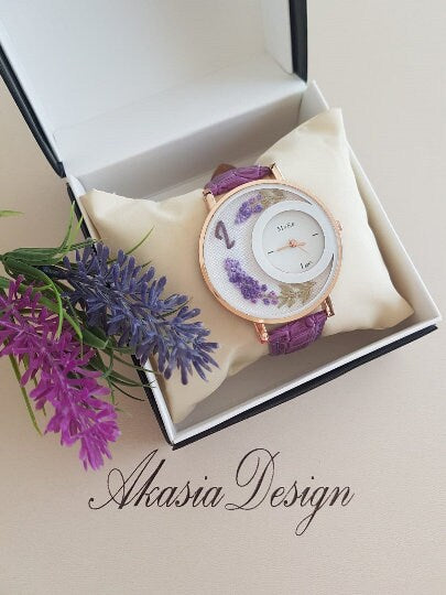 Embroidered Lavender Watch|Purple Floral Wrist Watch for Women|Personalized Unique Gift for Her|Mother's Day Gift|Hand Stitched Embroidery