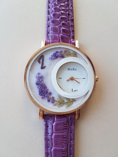 Embroidered Lavender Watch|Purple Floral Wrist Watch for Women|Personalized Unique Gift for Her|Mother's Day Gift|Hand Stitched Embroidery