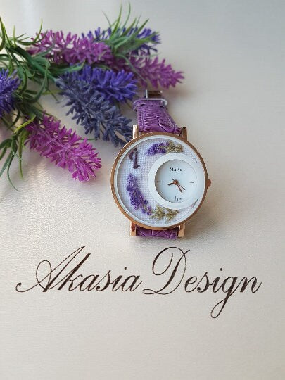 Embroidered Lavender Watch|Purple Floral Wrist Watch for Women|Personalized Unique Gift for Her|Mother's Day Gift|Hand Stitched Embroidery