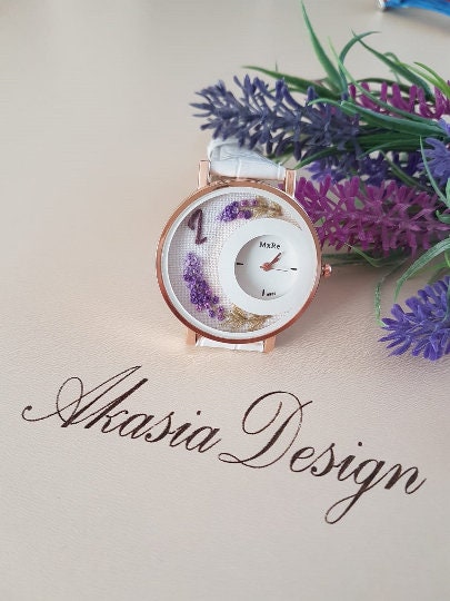 Embroidered Women's Watch|White Floral Wrist Watch for Women|Personalized Unique Gift for Her|Mother's Day Gift|Hand Stitched Embroidery