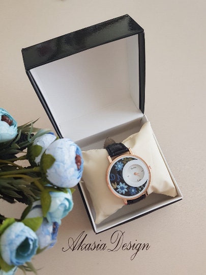 Personalized Embroidered Watch|Blue Daisy Embroidered Black Wrist Watch|Women's Floral Watch|Unique Gift for Mother|Hand Stitched Embroidery