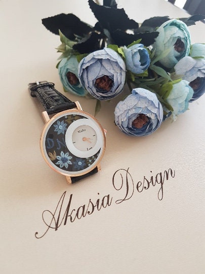 Personalized Embroidered Watch|Blue Daisy Embroidered Black Wrist Watch|Women's Floral Watch|Unique Gift for Mother|Hand Stitched Embroidery