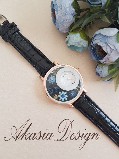 Personalized Embroidered Watch|Blue Daisy Embroidered Black Wrist Watch|Women's Floral Watch|Unique Gift for Mother|Hand Stitched Embroidery