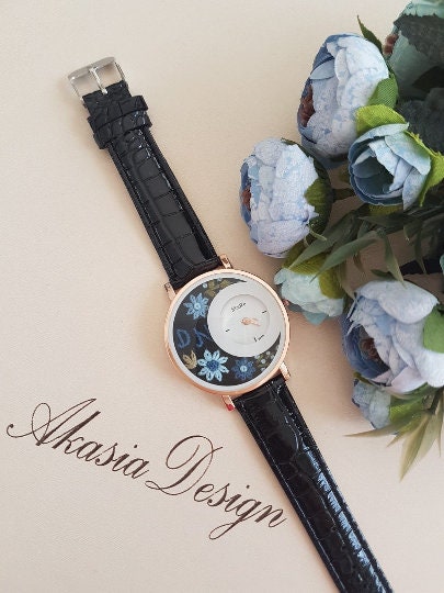 Personalized Embroidered Watch|Blue Daisy Embroidered Black Wrist Watch|Women's Floral Watch|Unique Gift for Mother|Hand Stitched Embroidery