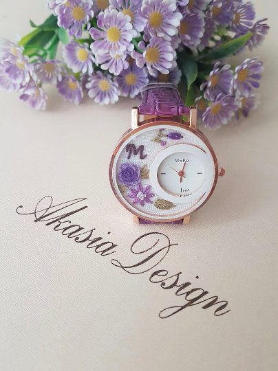 Personalized Embroidered Watch|Floral Wrist Watch|Vintage Women's Watch|Unique Gift for Her|Hand Stitched Valentine's Day Gift|New Mom Gift