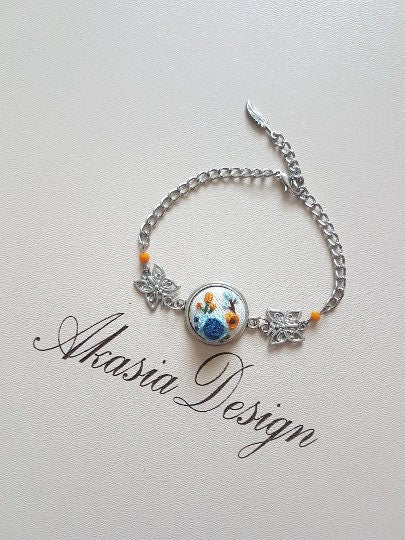 Floral Embroidery Jewelry|Custom Personalized Blue Orange Embroidered Pendant|Necklace Bracelet Earrings Set with Tassel|Unique Gift For Her