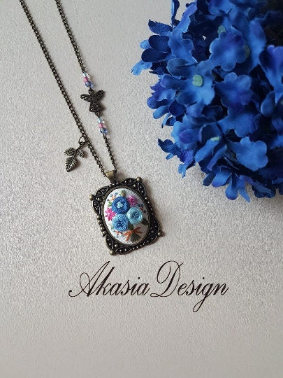 Flower Embroidery Necklace Embroidered Pendant Gift for Her 