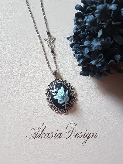 Hand Stitched Necklace|Black Blue Embroidery Necklace|Blue Floral Embroidered Jewelry|Bridesmaid Vintage Pendant|Gift for Her|Gift for Mom