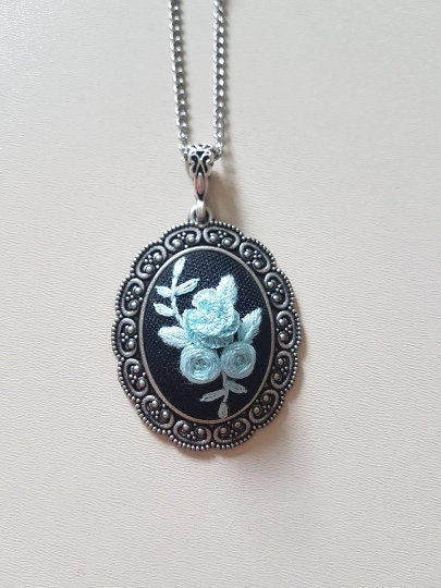 Hand Stitched Necklace|Black Blue Embroidery Necklace|Blue Floral Embroidered Jewelry|Bridesmaid Vintage Pendant|Gift for Her|Gift for Mom