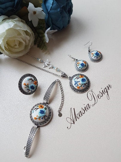 Embroidered Jewelry Set|Personalized Blue Orange Floral Embroidery Jewelry|Vintage Embroidered Pendant,Bracelet,Earrings,Ring|Gift for her