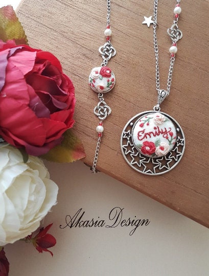 Floral Embroidered Necklace|Custom Personalized Embroidery Jewelry|Vintage Embroidered Pendant, Bracelet|Unique Jewelry gift|Wedding Gift