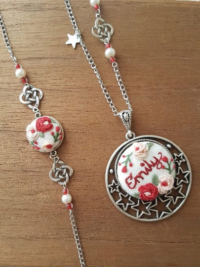 Floral Embroidered Necklace|Custom Personalized Embroidery Jewelry|Vintage Embroidered Pendant, Bracelet|Unique Jewelry gift|Wedding Gift