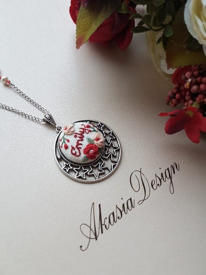 Floral Embroidered Necklace|Custom Personalized Embroidery Jewelry|Vintage Embroidered Pendant, Bracelet|Unique Jewelry gift|Wedding Gift