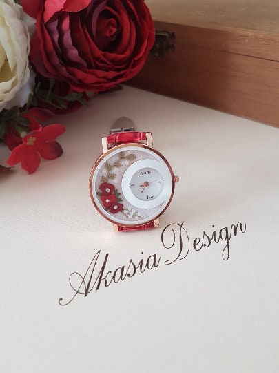 Personalized Embroidered Red Watch|Custom Vintage Women Floral Wrist Watch|Unique Embroidery Gift for Mother|Hand Stitched Wild Flower Watch