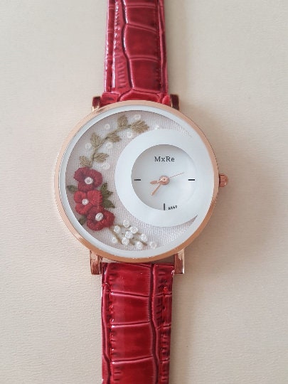 Personalized Embroidered Red Watch|Custom Vintage Women Floral Wrist Watch|Unique Embroidery Gift for Mother|Hand Stitched Wild Flower Watch