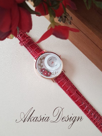 Personalized Embroidered Red Watch|Custom Vintage Women Floral Wrist Watch|Unique Embroidery Gift for Mother|Hand Stitched Wild Flower Watch