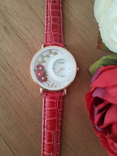 Personalized Embroidered Red Watch|Custom Vintage Women Floral Wrist Watch|Unique Embroidery Gift for Mother|Hand Stitched Wild Flower Watch