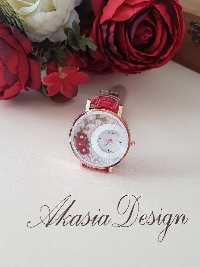 Personalized Embroidered Red Watch|Custom Vintage Women Floral Wrist Watch|Unique Embroidery Gift for Mother|Hand Stitched Wild Flower Watch