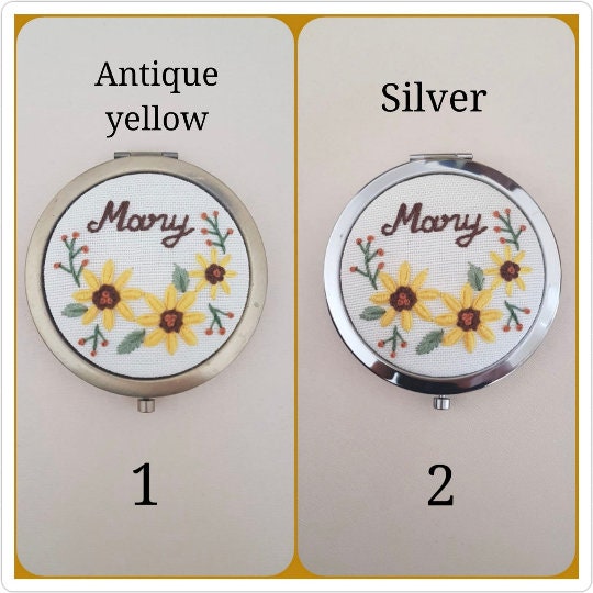 Sunflower Embroidered Hand Mirror|Personalized Floral Compact Mirror|Vintage Pocket Mirror Embroidery|Unique Baby Shower Gift|New Mom Gift