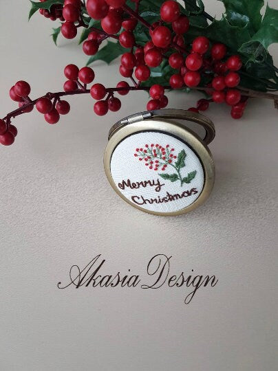 Christmas Pocket Mirror|Embroidered Hand Mirror|Personalized Floral Compact Mirror|Vintage Embroidery|Unique Baby Shower Gift|New Mom Gift