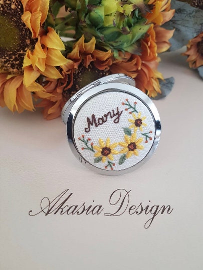 Sunflower Embroidered Hand Mirror|Personalized Floral Compact Mirror|Vintage Pocket Mirror Embroidery|Unique Baby Shower Gift|New Mom Gift