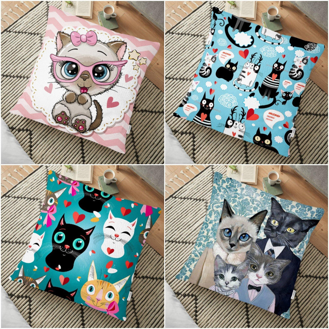 Cute Cats Floor Pillow Cover|Floor Cushion Case|Cat Family Pillow Case|Floor Cushion Cover|Digital Print Floor Cushion|Cat Love Pillow Case