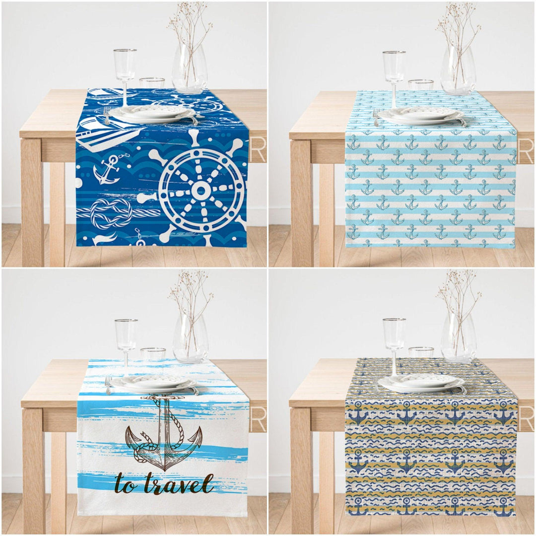 Nautical Table Runner|Beach House Table Runners|Anchor and Wheel Table Top| Coastal Table Decor|Navy Marine Table Centerpiece|Sea Home Decor