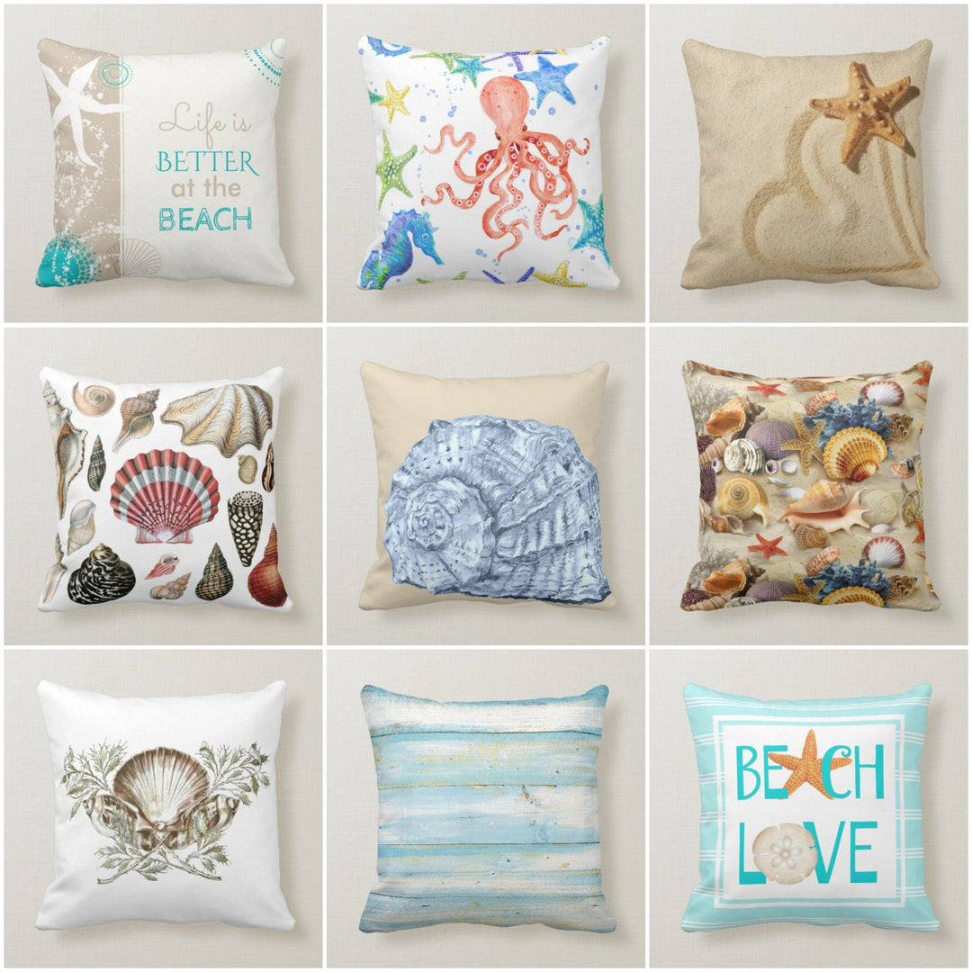 Beach House Pillow Case|Seashells Pillow Cover|Decorative Nautical Cushions|Coastal Throw Pillow|Octopus Home Decor|Beach Love Lumbar Pillow