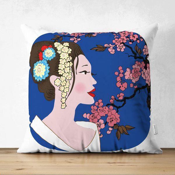 Japanese Girl Pillow Cover|Asian Design Cushion Case|Authentic Kimono Woman Case| Far East Woman Decor|TraditionalGeisha Fan Culture Cushion