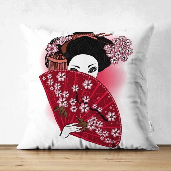 Japanese Girl Pillow Cover|Asian Design Cushion Case|Authentic Kimono Woman Case| Far East Woman Decor|TraditionalGeisha Fan Culture Cushion