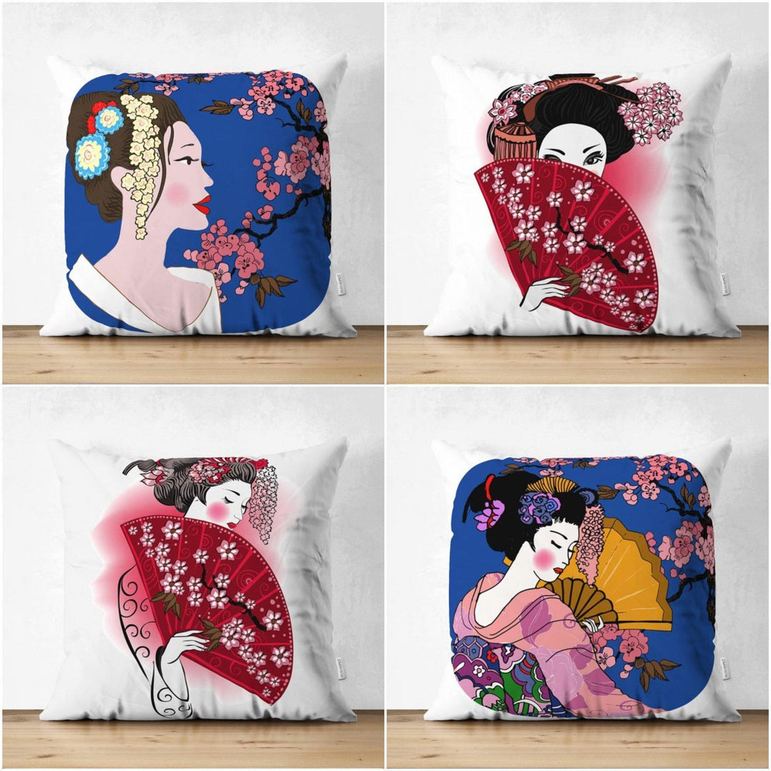 Japanese Girl Pillow Cover|Asian Design Cushion Case|Authentic Kimono Woman Case| Far East Woman Decor|TraditionalGeisha Fan Culture Cushion