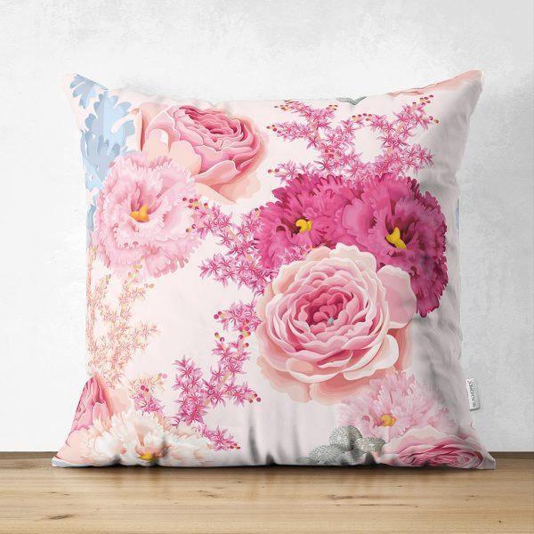 Floral Pillow Cover|Summer Trend Cushion Case|White Daisy Pink Rose Decor|Decorative Suede Floral Cushion Cover|Digital Print Spring Trend