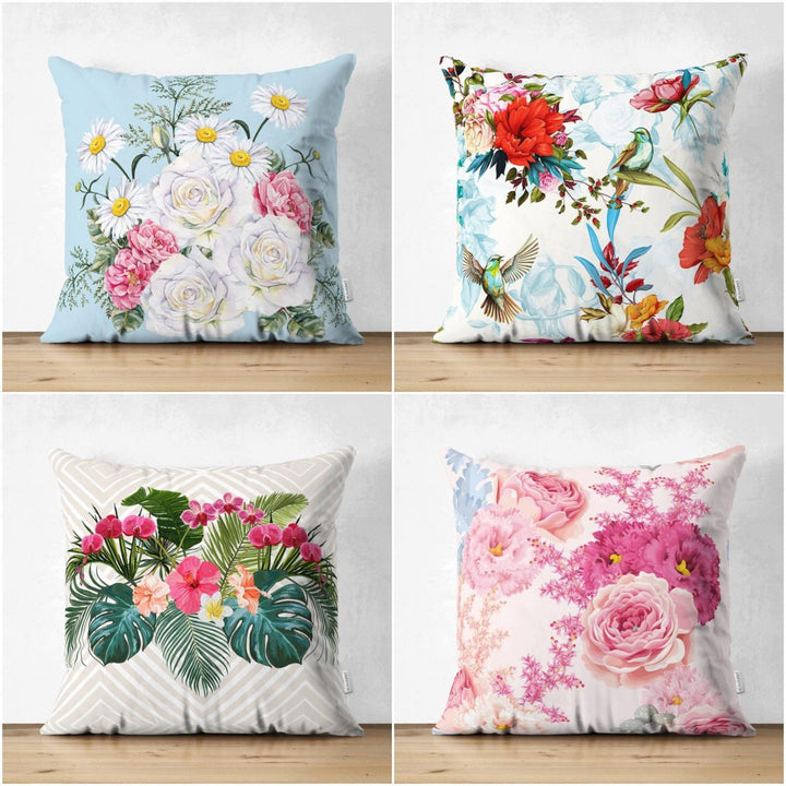 Floral Pillow Cover|Summer Trend Cushion Case|White Daisy Pink Rose Decor|Decorative Suede Floral Cushion Cover|Digital Print Spring Trend